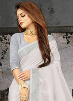 Shree Shyam Fashion Elegant White Woven Linen Saree with Contrast Zari Border & Tassels - Soft & Breathable Party Wear - Distacart