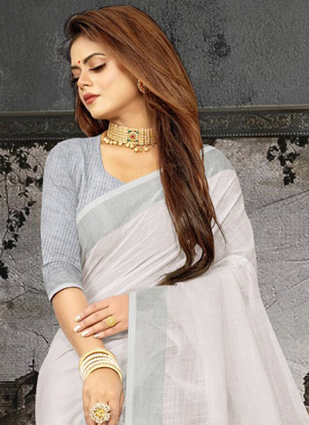 Shree Shyam Fashion Elegant White Woven Linen Saree with Contrast Zari Border & Tassels - Soft & Breathable Party Wear - Distacart