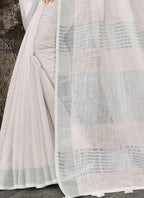 Shree Shyam Fashion Elegant White Woven Linen Saree with Contrast Zari Border & Tassels - Soft & Breathable Party Wear - Distacart