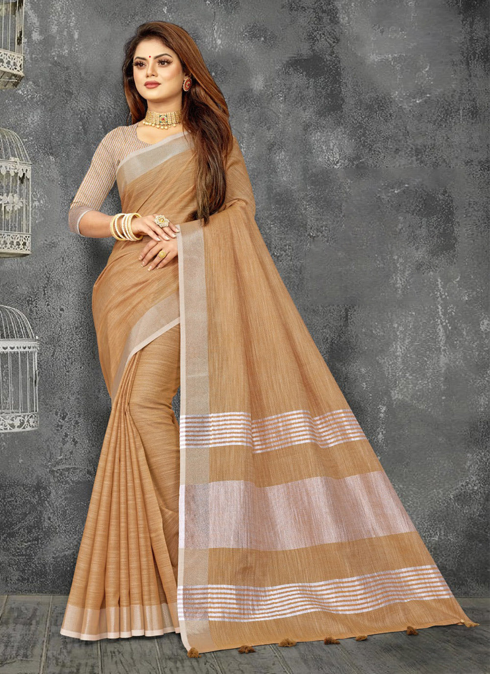 Shree Shyam Fashion Elegant Tan Woven Linen Saree with Contrast Zari Border & Tassels - Soft & Breathable Party Wear - Distacart