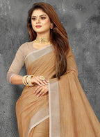Shree Shyam Fashion Elegant Tan Woven Linen Saree with Contrast Zari Border & Tassels - Soft & Breathable Party Wear - Distacart