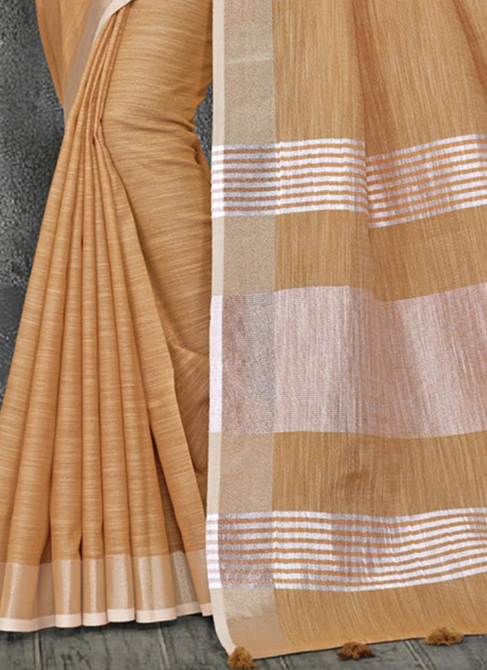 Shree Shyam Fashion Elegant Tan Woven Linen Saree with Contrast Zari Border & Tassels - Soft & Breathable Party Wear - Distacart