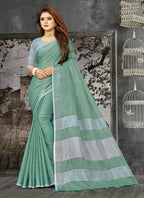 Shree Shyam Fashion Elegant Sea Green Woven Linen Saree with Contrast Zari Border & Tassels - Soft & Breathable Party Wear - Distacart