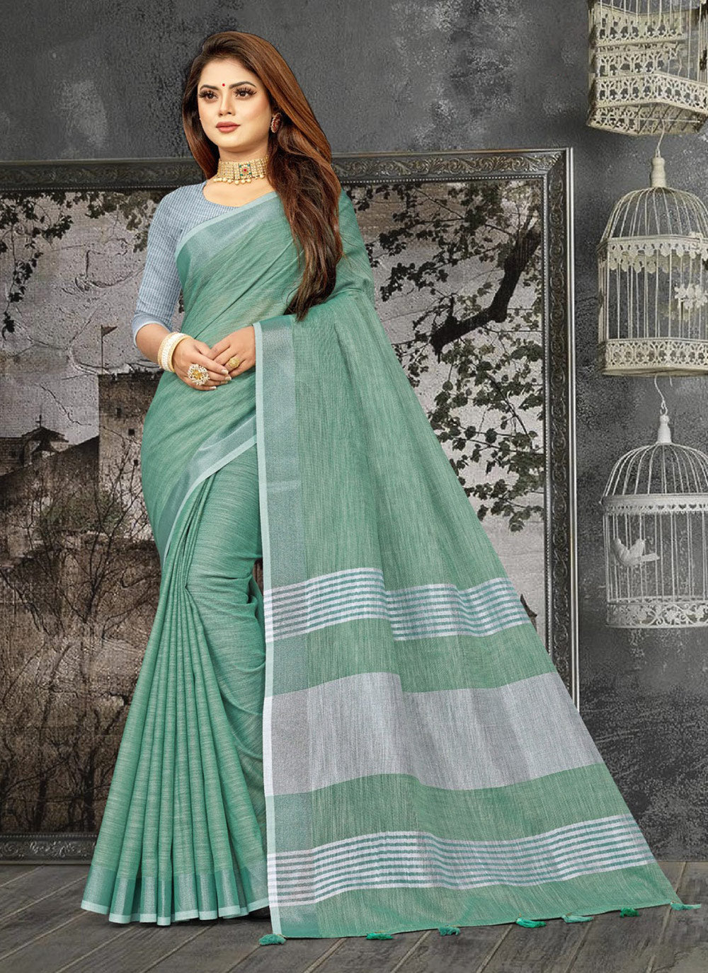 Shree Shyam Fashion Elegant Sea Green Woven Linen Saree with Contrast Zari Border & Tassels - Soft & Breathable Party Wear - Distacart