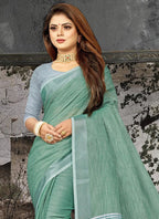 Shree Shyam Fashion Elegant Sea Green Woven Linen Saree with Contrast Zari Border & Tassels - Soft & Breathable Party Wear - Distacart
