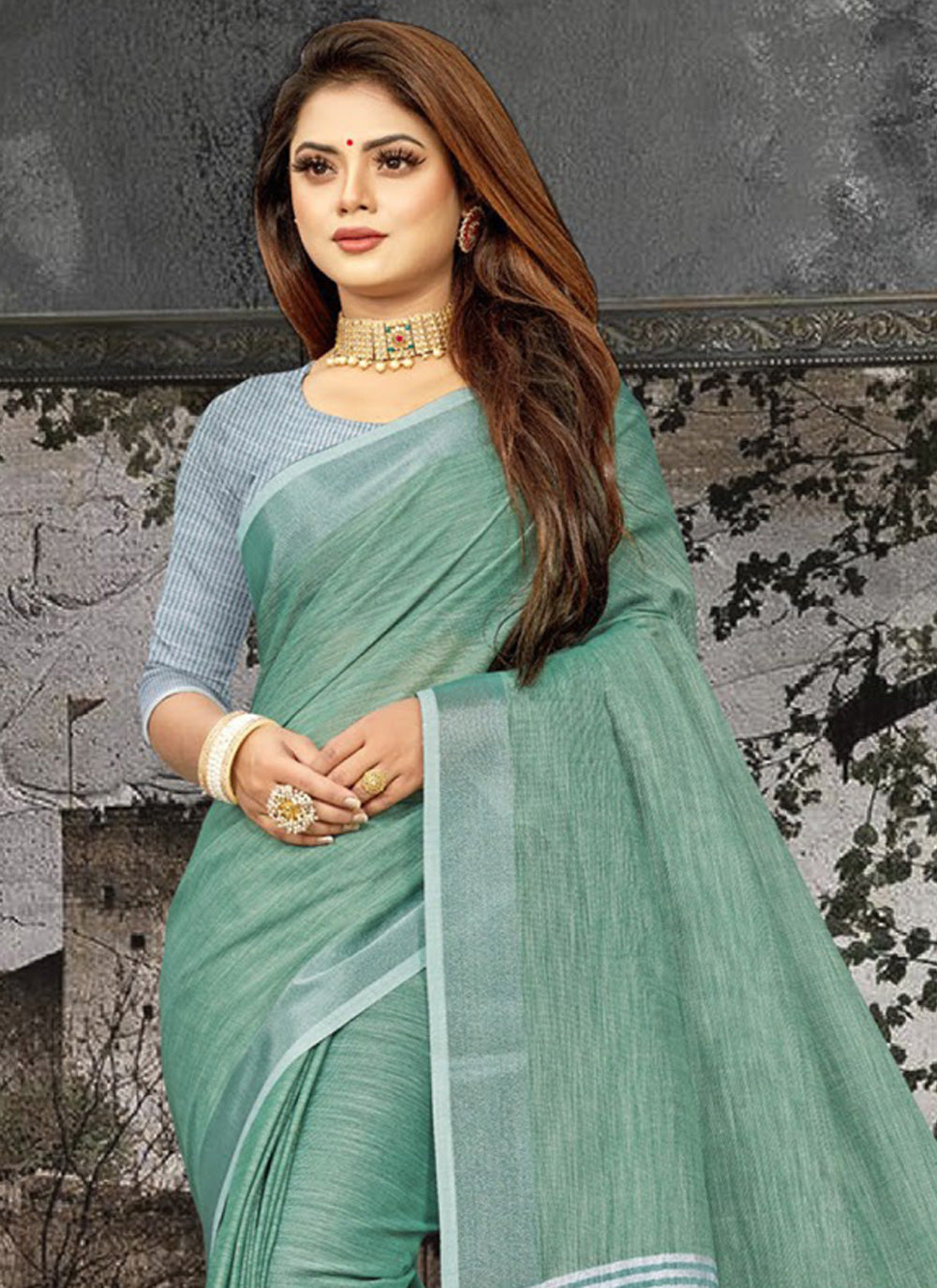 Shree Shyam Fashion Elegant Sea Green Woven Linen Saree with Contrast Zari Border & Tassels - Soft & Breathable Party Wear - Distacart