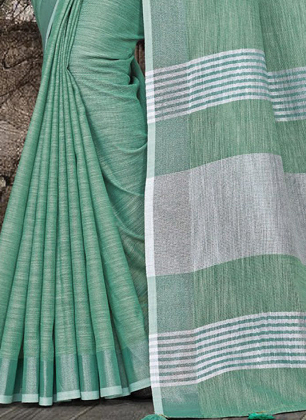 Shree Shyam Fashion Elegant Sea Green Woven Linen Saree with Contrast Zari Border & Tassels - Soft & Breathable Party Wear - Distacart