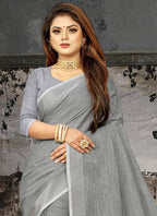 Shree Shyam Fashion Elegant Dark Grey Woven Linen Saree with Contrast Zari Border & Tassels - Soft & Breathable Party Wear - Distacart