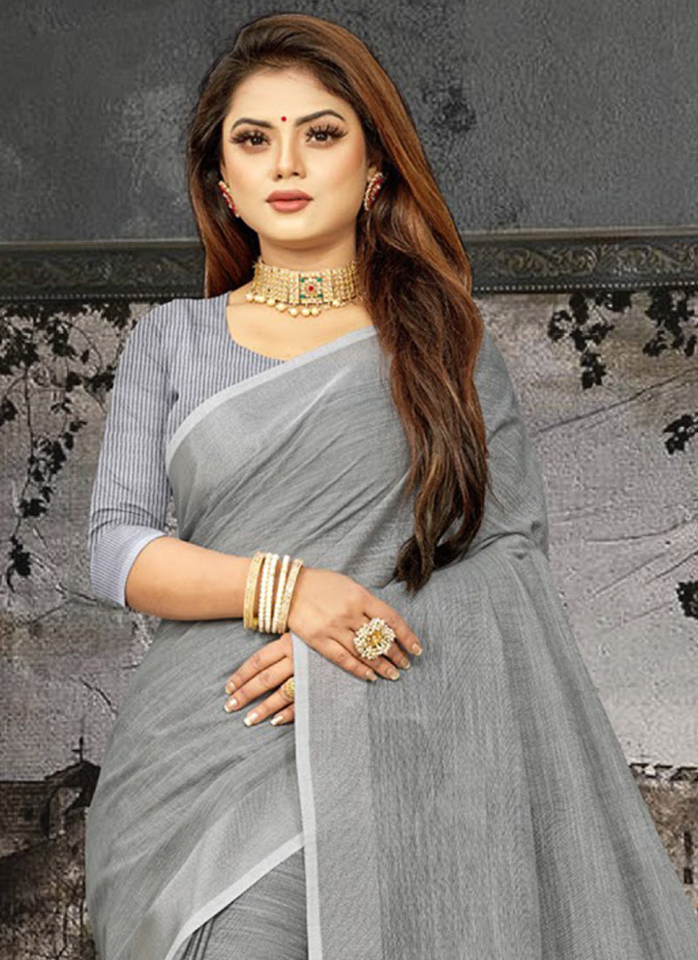 Shree Shyam Fashion Elegant Dark Grey Woven Linen Saree with Contrast Zari Border & Tassels - Soft & Breathable Party Wear - Distacart