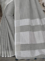 Shree Shyam Fashion Elegant Dark Grey Woven Linen Saree with Contrast Zari Border & Tassels - Soft & Breathable Party Wear - Distacart
