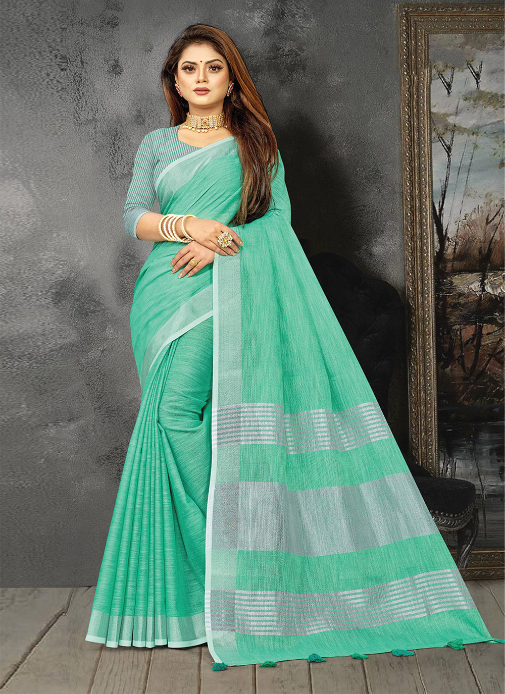 Shree Shyam Fashion Elegant Turquoise Woven Linen Saree with Contrast Zari Border & Tassels - Soft & Breathable Party Wear - Distacart