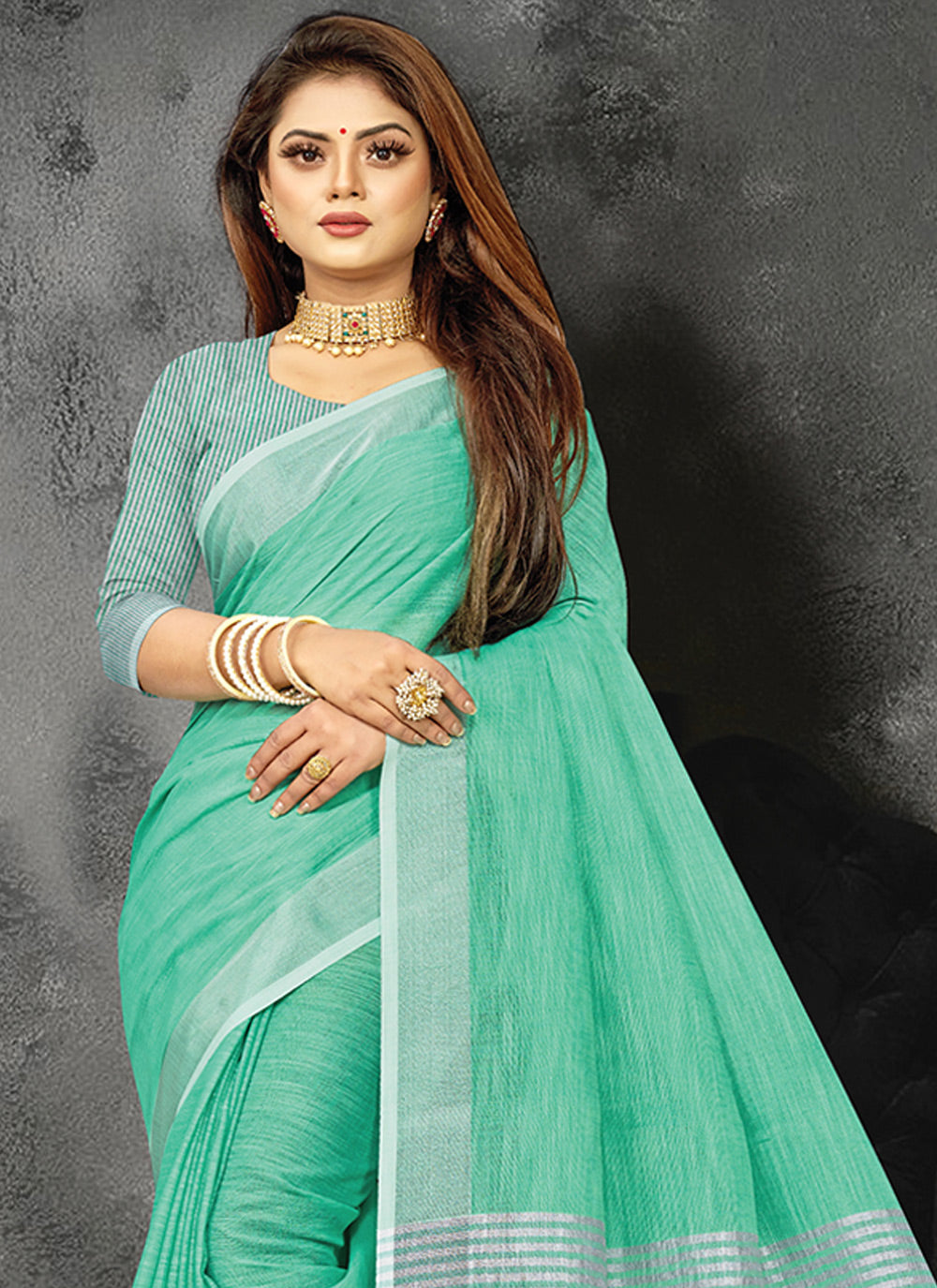 Shree Shyam Fashion Elegant Turquoise Woven Linen Saree with Contrast Zari Border & Tassels - Soft & Breathable Party Wear - Distacart