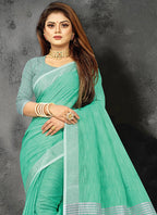 Shree Shyam Fashion Elegant Turquoise Woven Linen Saree with Contrast Zari Border & Tassels - Soft & Breathable Party Wear - Distacart