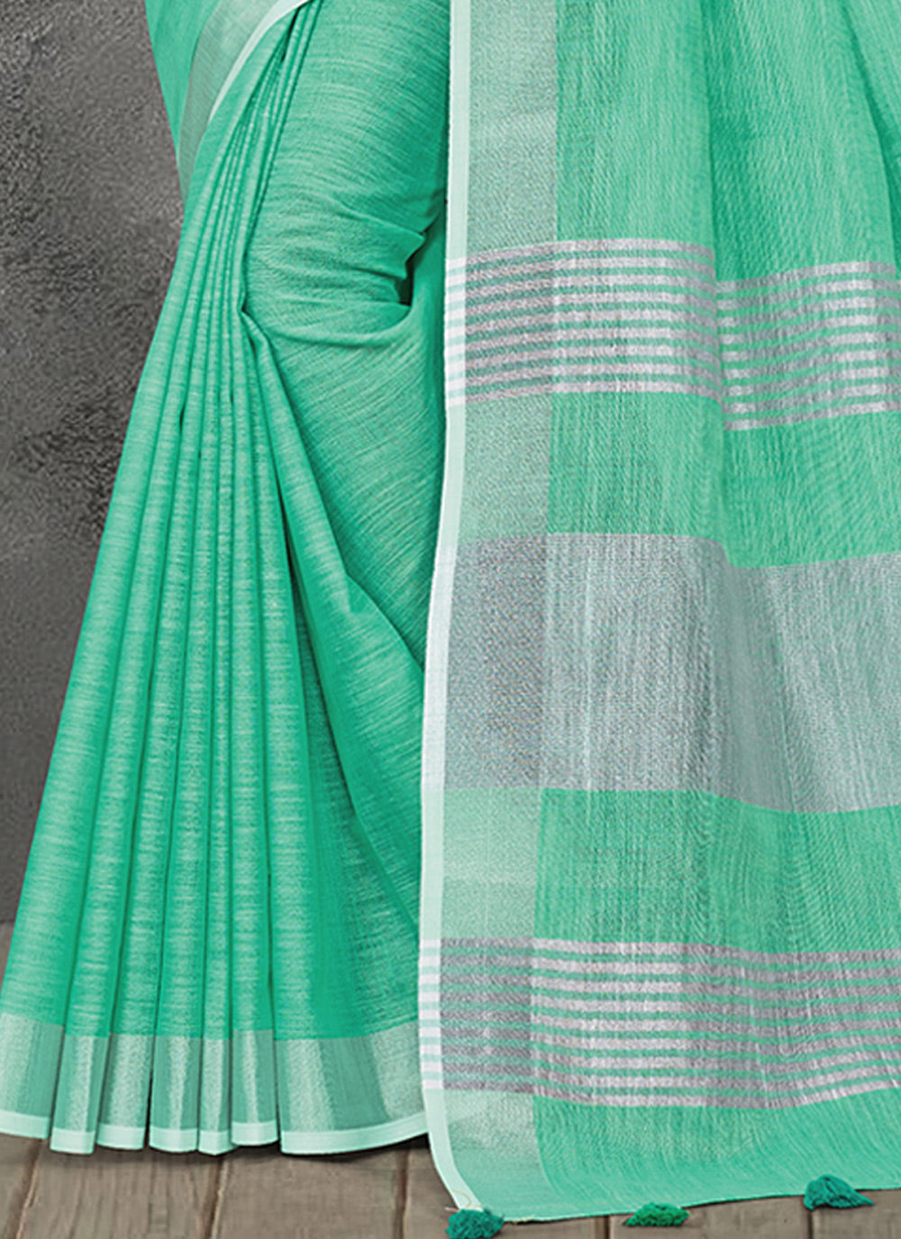 Shree Shyam Fashion Elegant Turquoise Woven Linen Saree with Contrast Zari Border & Tassels - Soft & Breathable Party Wear - Distacart