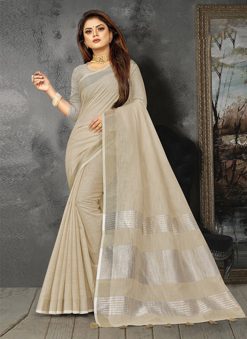 Shree Shyam Fashion Elegant Cream Woven Linen Saree with Contrast Zari Border & Tassels - Soft & Breathable Party Wear - Distacart