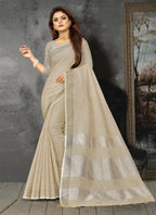 Shree Shyam Fashion Elegant Cream Woven Linen Saree with Contrast Zari Border & Tassels - Soft & Breathable Party Wear - Distacart