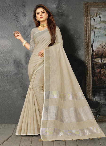 Shree Shyam Fashion Elegant Cream Woven Linen Saree with Contrast Zari Border & Tassels - Soft & Breathable Party Wear