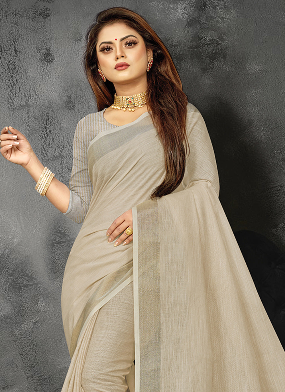 Shree Shyam Fashion Elegant Cream Woven Linen Saree with Contrast Zari Border & Tassels - Soft & Breathable Party Wear - Distacart