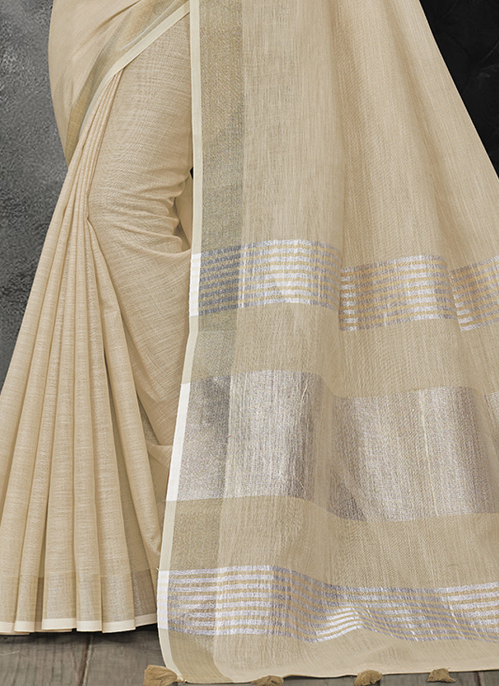 Shree Shyam Fashion Elegant Cream Woven Linen Saree with Contrast Zari Border & Tassels - Soft & Breathable Party Wear - Distacart