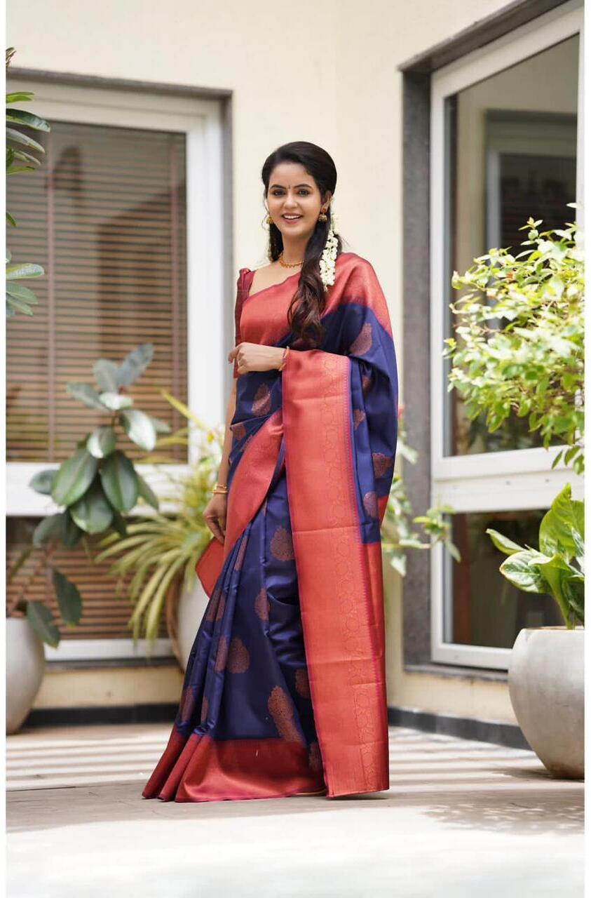 Vamika Weaving Banarasi Jacquard navy Kanjivaram Saree - Distacart
