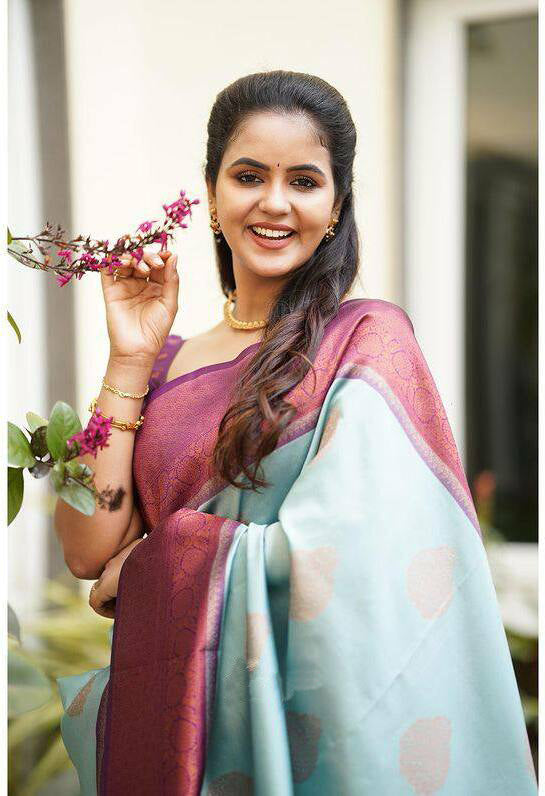 Vamika Weaving Banarasi Jacquard sky blue Kanjivaram Saree - Distacart