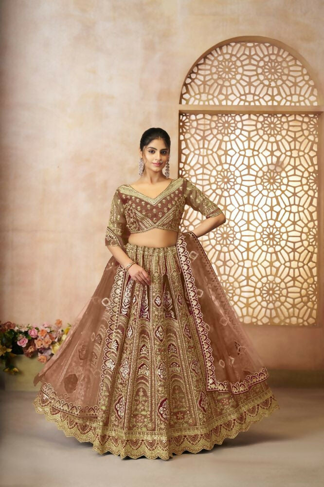 Kesar Fab Coffee Banarasi Silk Embroidered Lehenga