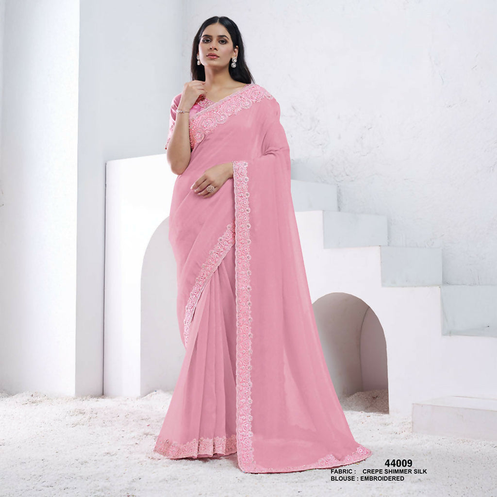Light Pink Crepe Shimmer Silk Diamond With Hand Work Saree With Unstitched Blouse - Norita Swaraa
