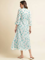 Light Blue Cotton Solid Flared Dress with Printed Shrug - Yukti - Distacart