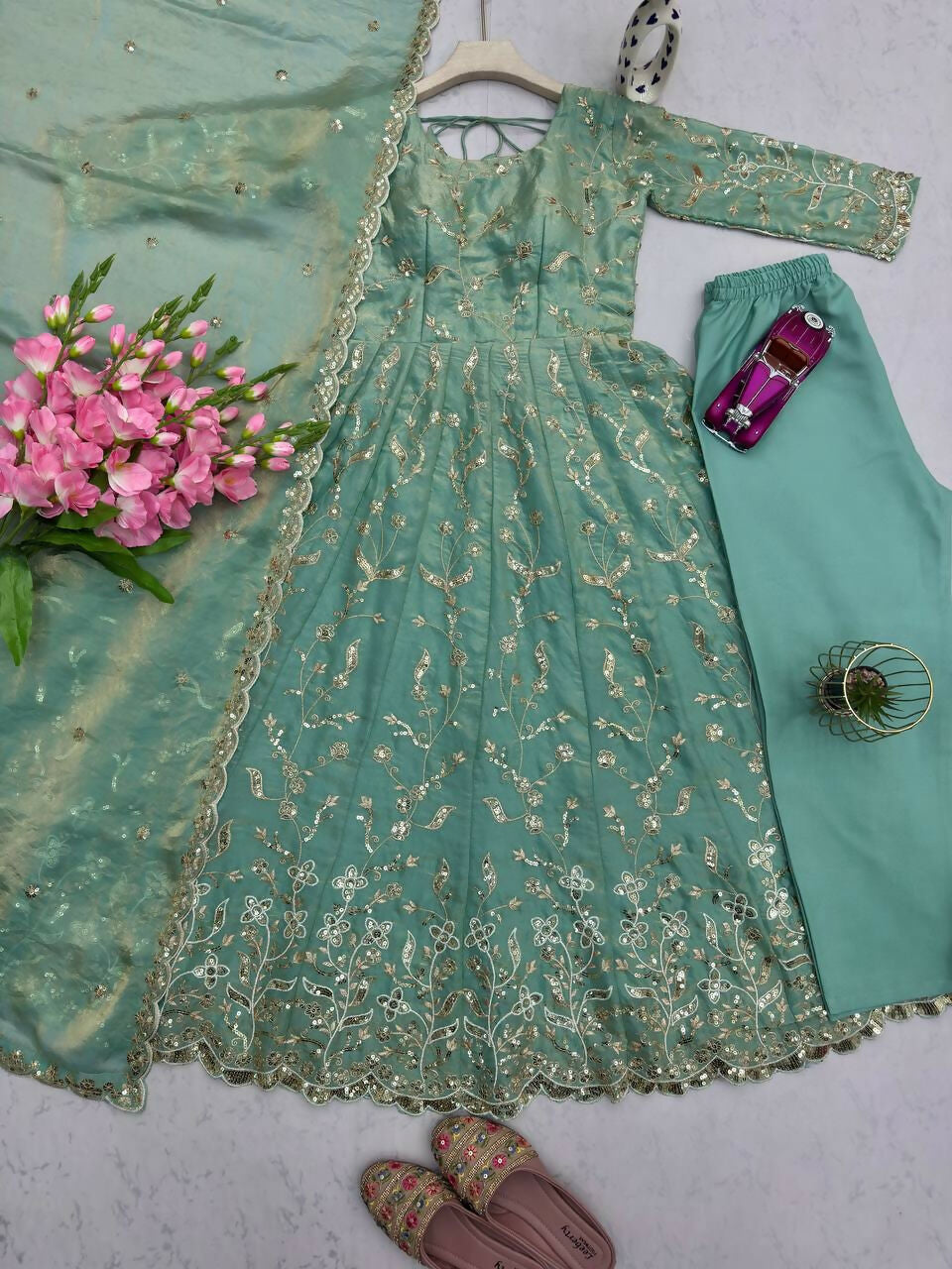 Teeya Creation Teal Color Faux Georgette Long Party Wear Gown - Distacart