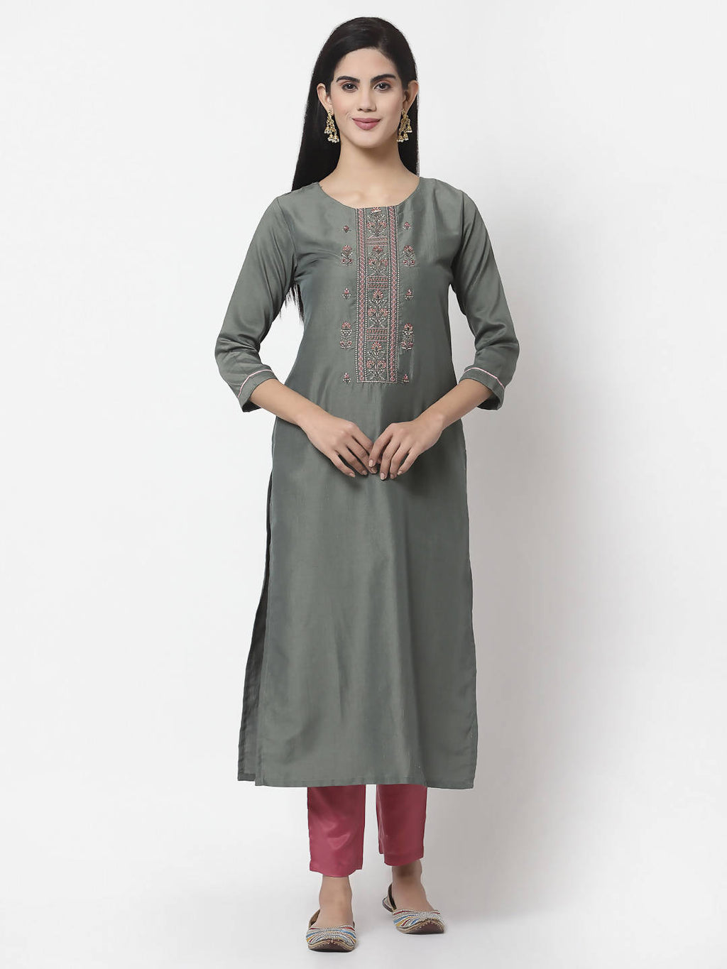 Myshka Women Grey Silk Blend Embroidered 3/4 Sleeve Round Neck Kurta Pant Dupatta Set