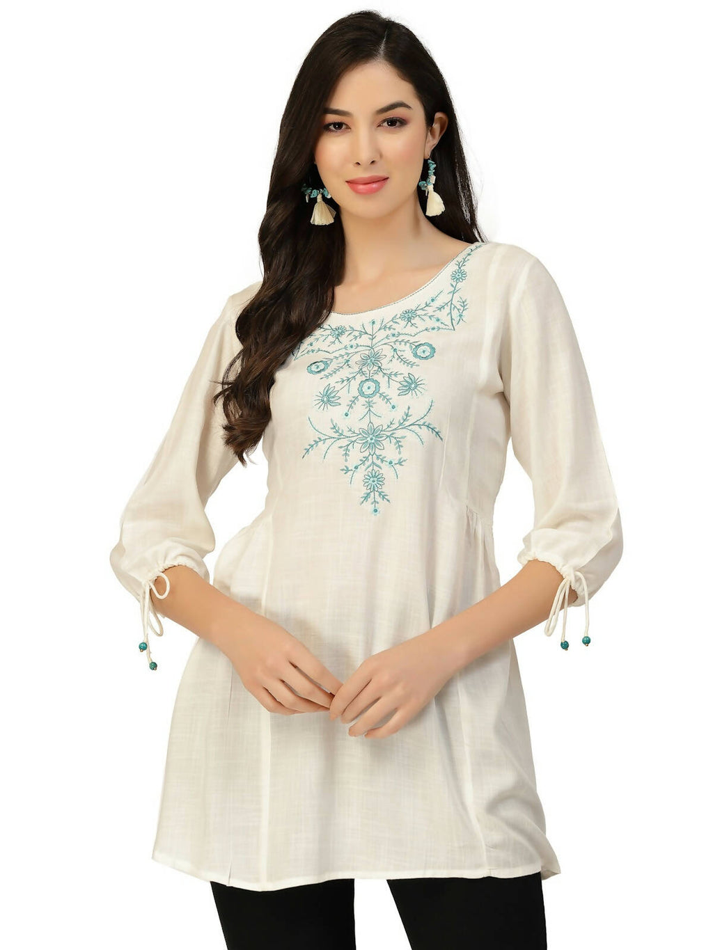 White Poly Rayon Floral Embroidered Top - Zeny