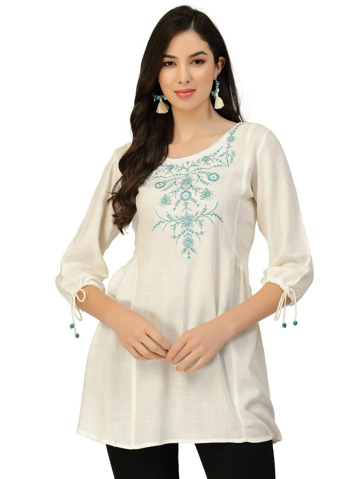 White Poly Rayon Floral Embroidered Top - Zeny