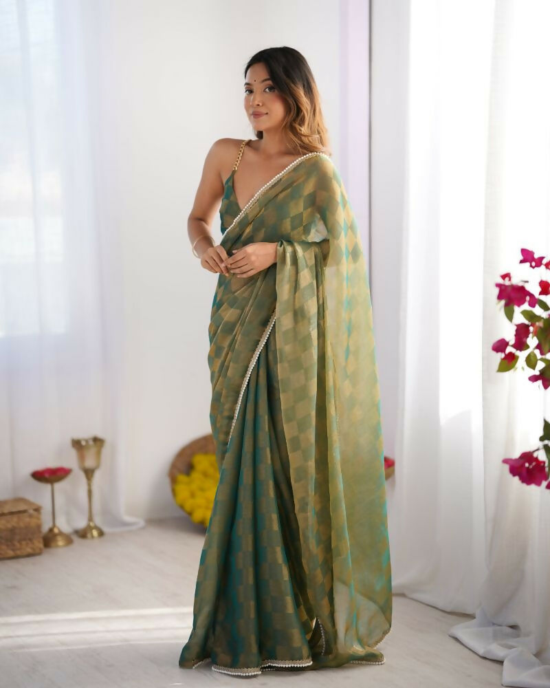 NC Chiffon Chex Wevon Chex Designer, Lace Party Wear Saree - Green