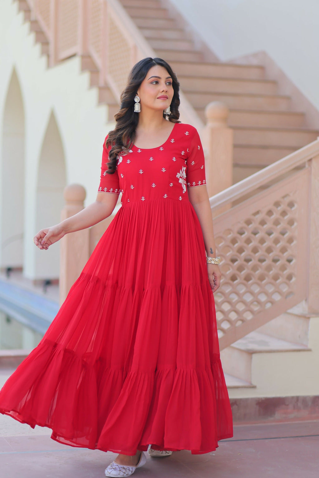 Joban Fashion Red Georgette Sequence Embroidery Work Gown - Distacart