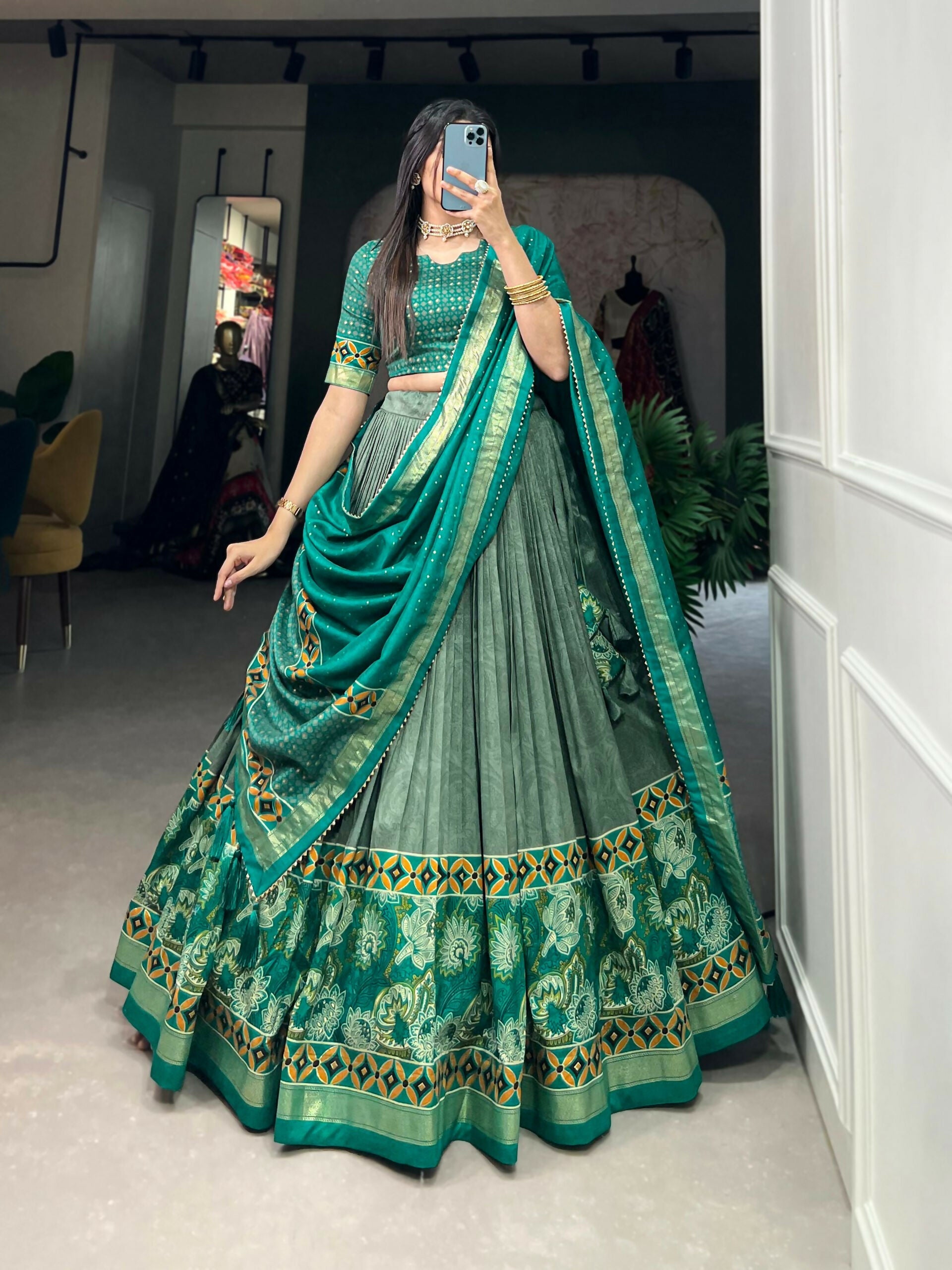 Vastranavya Floral Print With Foil Print Tussar Silk Lehenga with Unstitched Blouse - Sea Green