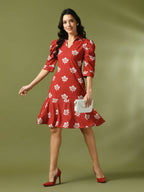 Myshka Women's Rust Printed Shirt Collar Fit and Flare Party Dress - Distacart