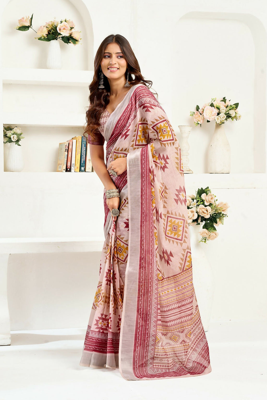 Vastranavya White Maroon Digital Printed Linen Ready To Wear Designer Saree with Unstitched Blouse - Distacart