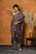 Very Much Indian Handblock Printed Cotton Saree With Natural Dyes - Brown - Distacart