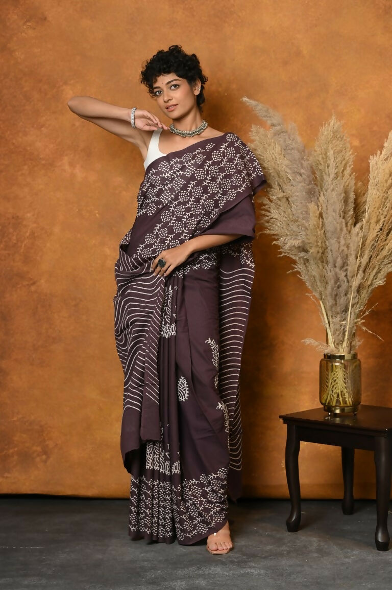 Very Much Indian Handblock Printed Cotton Saree With Natural Dyes - Brown - Distacart
