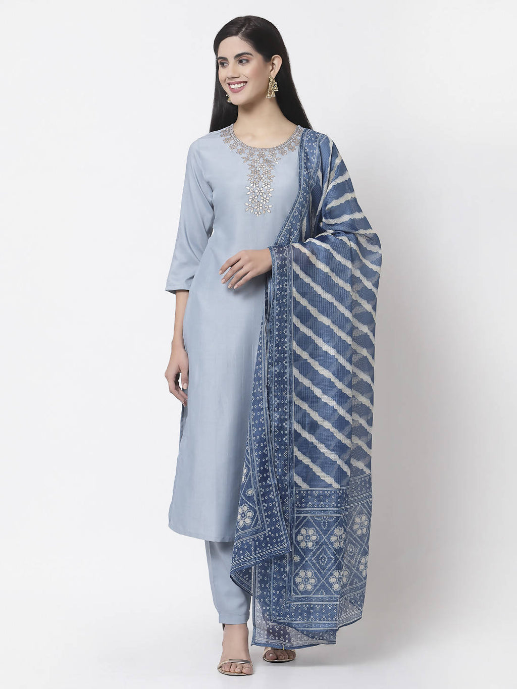 Myshka Women Light Blue Silk Blend Embroidered 3/4 Sleeve Round Neck Kurta Pant Dupatta Set