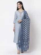 Myshka Women Light Blue Silk Blend Embroidered 3/4 Sleeve Round Neck Kurta Pant Dupatta Set