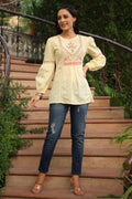 Juniper Women's Lemon Cotton Dobby Solid Embroidered Straight Tunic - Distacart