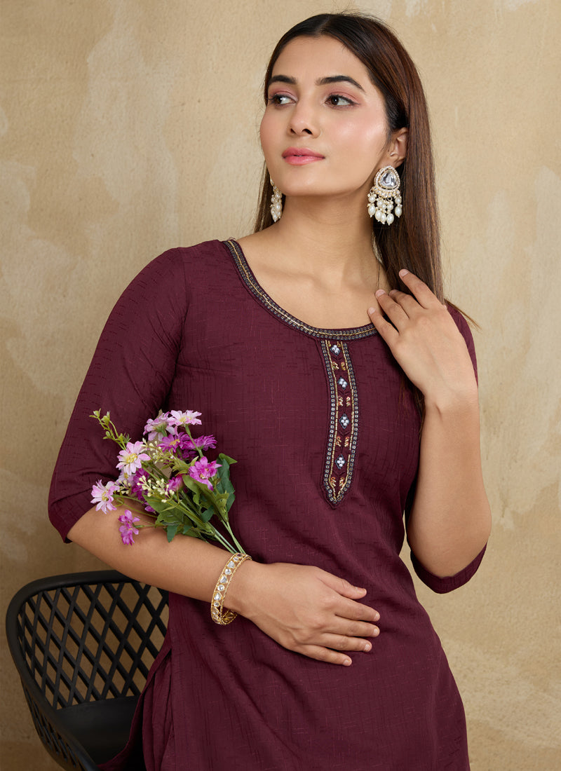 Prazu Fashion Maroon Printed Cotton Blend Kurta Pant Set - Distacart