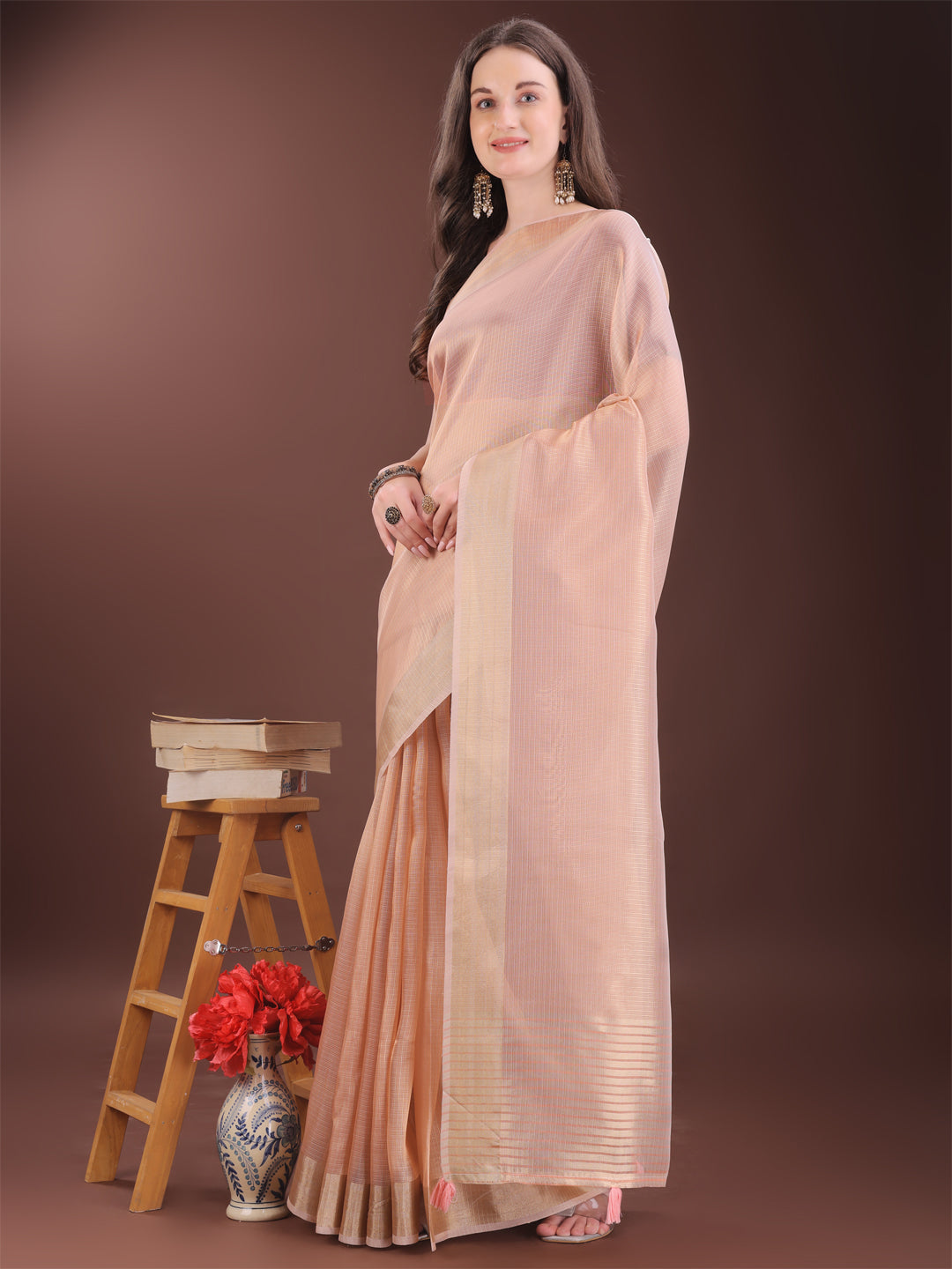 Shree Shyam Fashion Elegant Peach Organza Saree with Zari Border | Lightweight Transparent Saree with Blouse Piece for Festive & Daily Wear