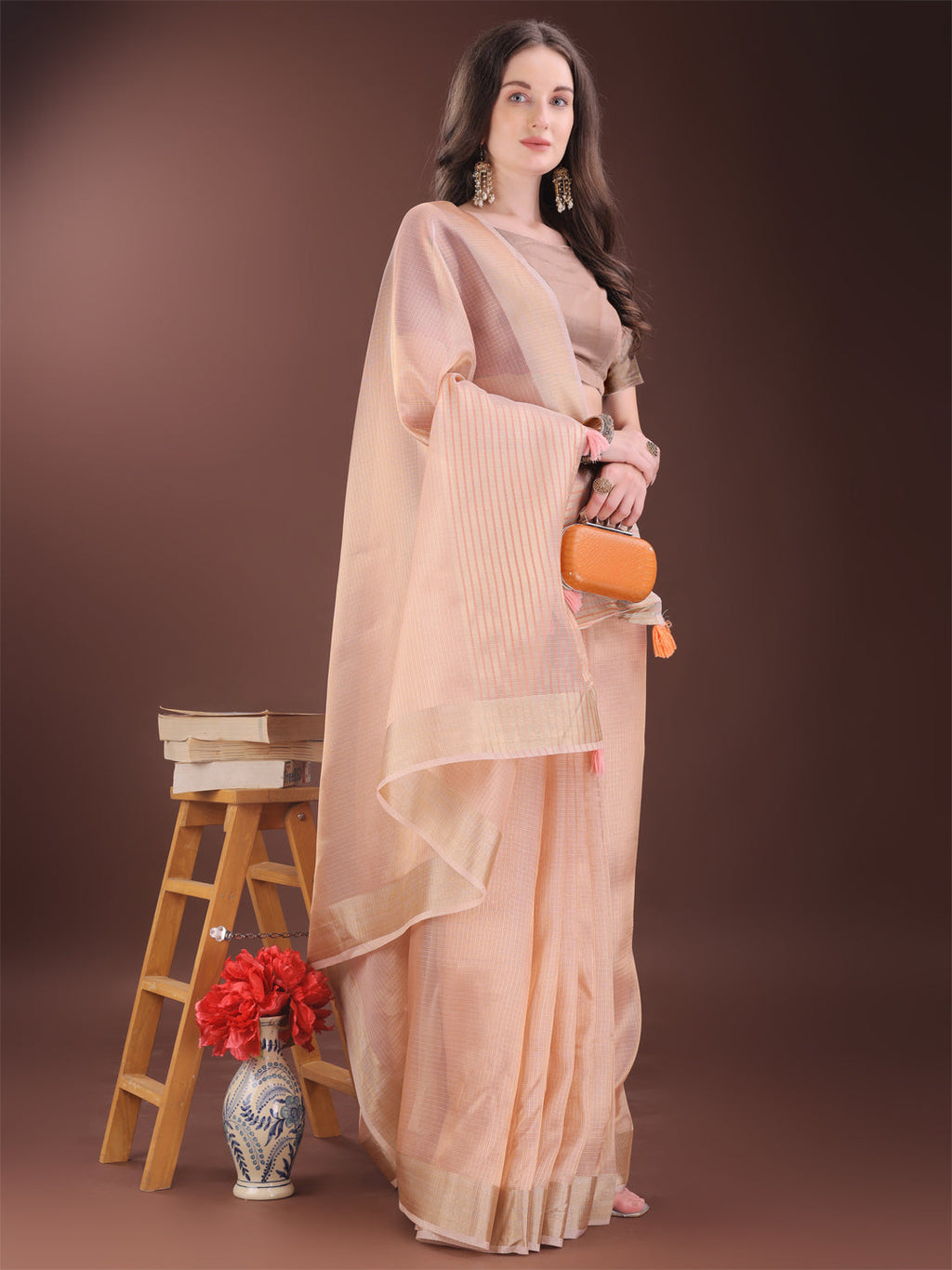 Shree Shyam Fashion Elegant Peach Organza Saree with Zari Border | Lightweight Transparent Saree with Blouse Piece for Festive & Daily Wear