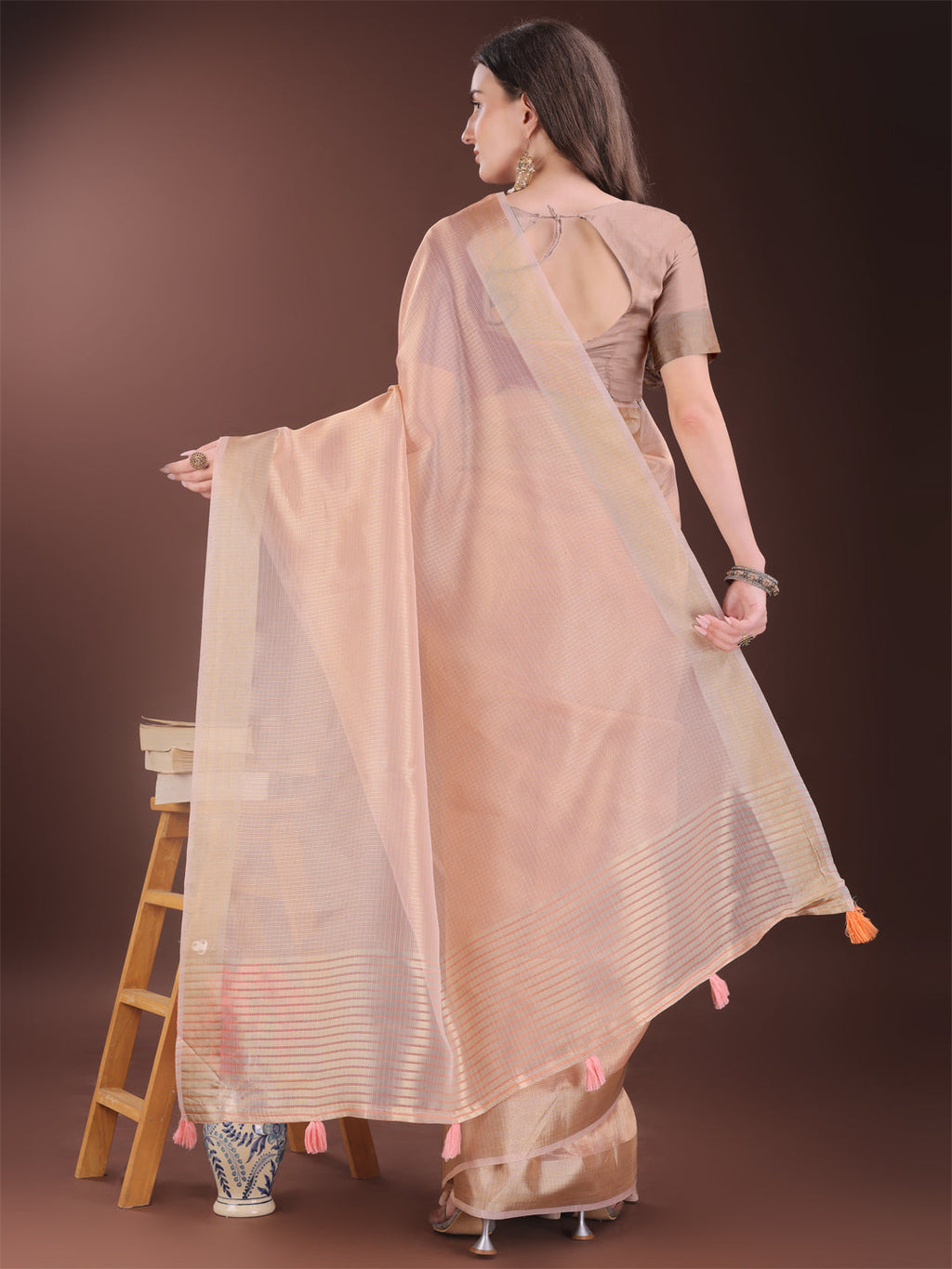 Shree Shyam Fashion Elegant Peach Organza Saree with Zari Border | Lightweight Transparent Saree with Blouse Piece for Festive & Daily Wear