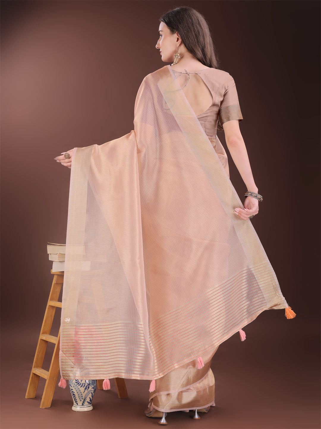 Shree Shyam Fashion Elegant Peach Organza Saree with Zari Border | Lightweight Transparent Saree with Blouse Piece for Festive & Daily Wear