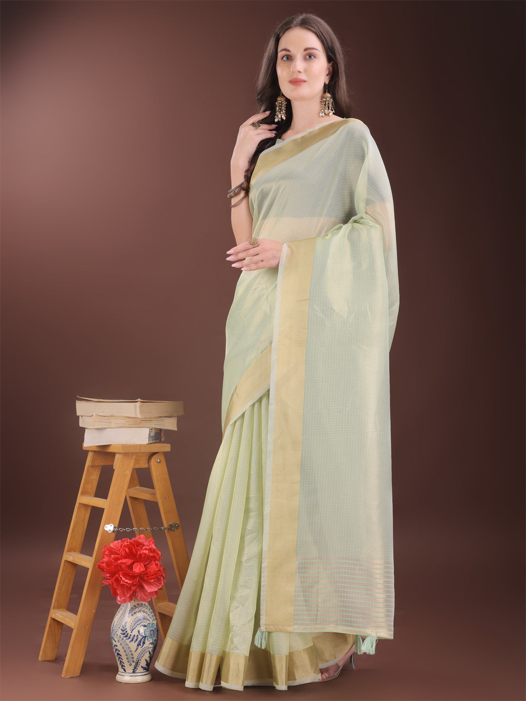 Shree Shyam Fashion Elegant Light Green Organza Saree with Zari Border | Lightweight Transparent Saree with Blouse Piece for Festive & Daily Wear