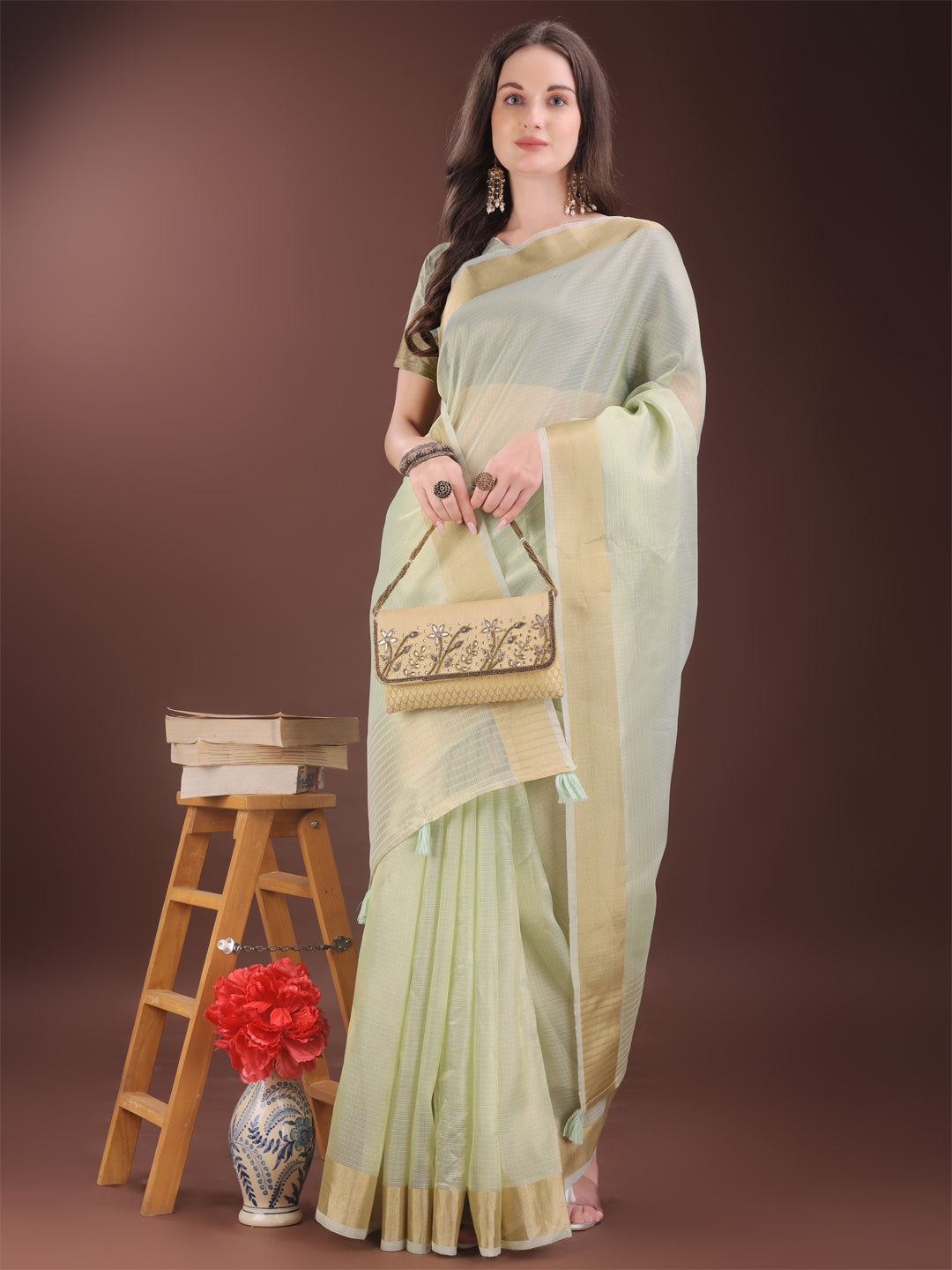 Shree Shyam Fashion Elegant Light Green Organza Saree with Zari Border | Lightweight Transparent Saree with Blouse Piece for Festive & Daily Wear