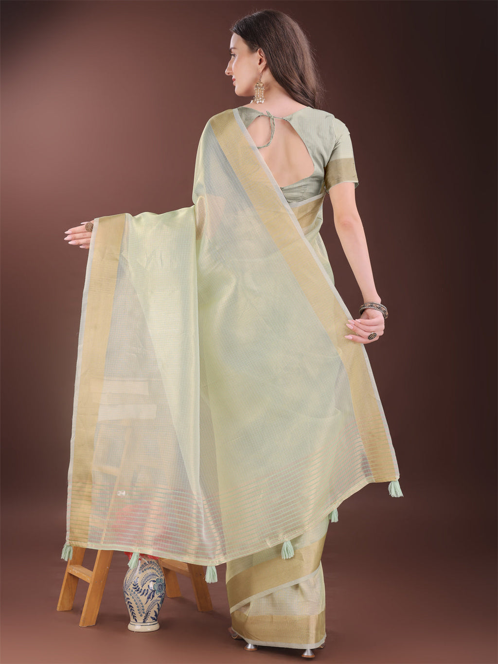 Shree Shyam Fashion Elegant Light Green Organza Saree with Zari Border | Lightweight Transparent Saree with Blouse Piece for Festive & Daily Wear